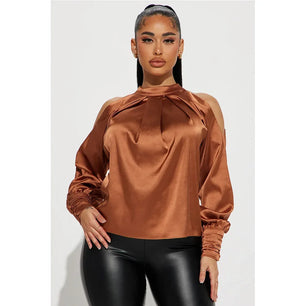 Women's Polyester O-Neck Long Sleeves Solid Pattern Mini Blouse