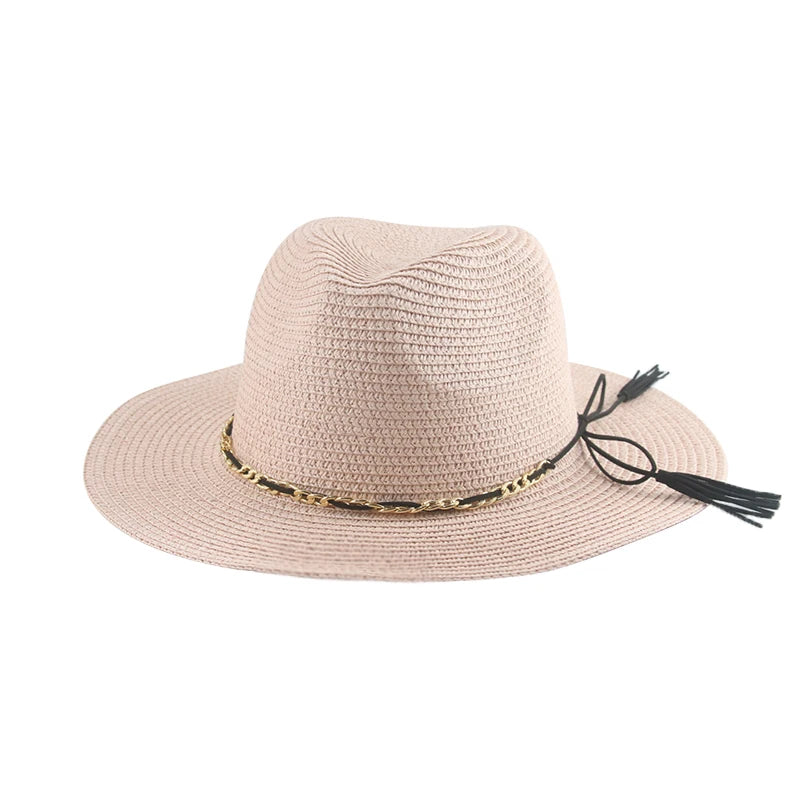 Women's Straw Solid Pattern Trendy Sun Protection Chain Brim Hat