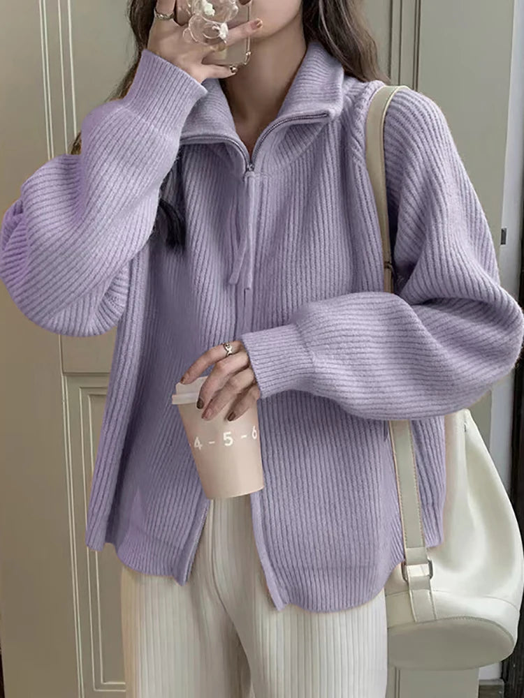 Women's Polyester Turn-Down Collar Full Sleeves Solid Cardigan