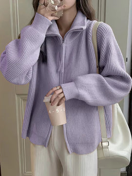 Women's Polyester Turn-Down Collar Full Sleeves Solid Cardigan