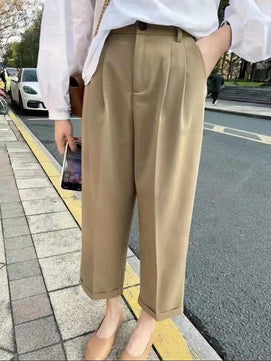 Women's Polyester High Waist Button Fly Closure Casual Trousers