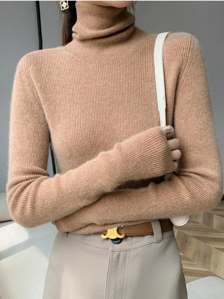 Women's Acrylic Turtleneck Long Sleeves Solid Pattern Sweater