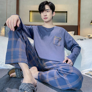 Men's Cotton O-Neck Long Sleeves Trendy Sleepwear Pajamas Set