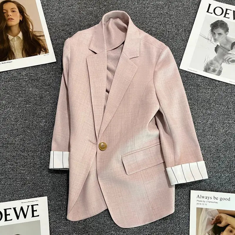 Women's Cotton Notched Long Sleeves Single Button Casual Blazer