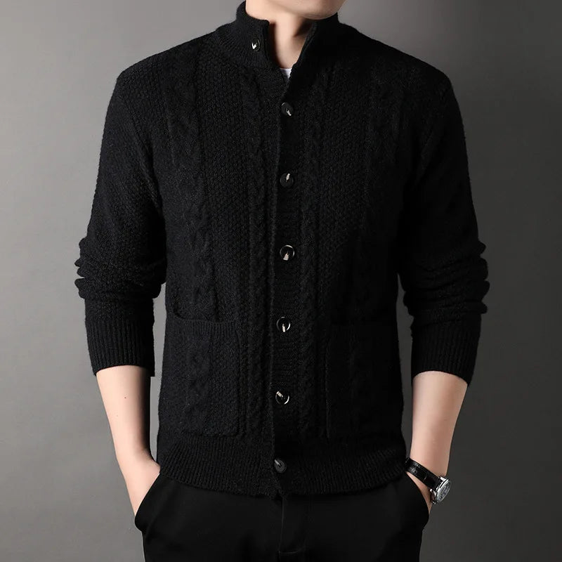 Men's Polyester Stand Collar Full Sleeves Single Breasted Sweater