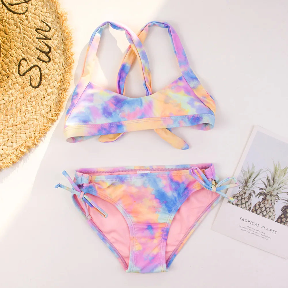 Kid's Polyester Tie Dye Pattern Two-Piece Trendy Swimwear Suit