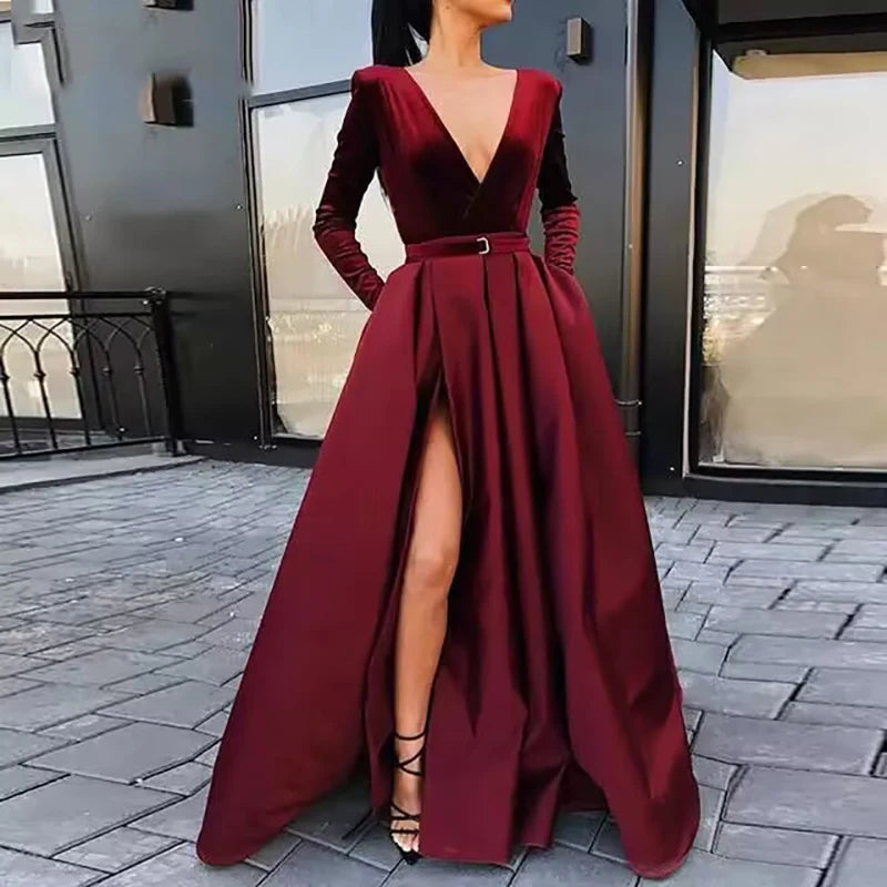 Women's Satin V-Neck Long Sleeves Solid Pattern Prom Maxi Dress