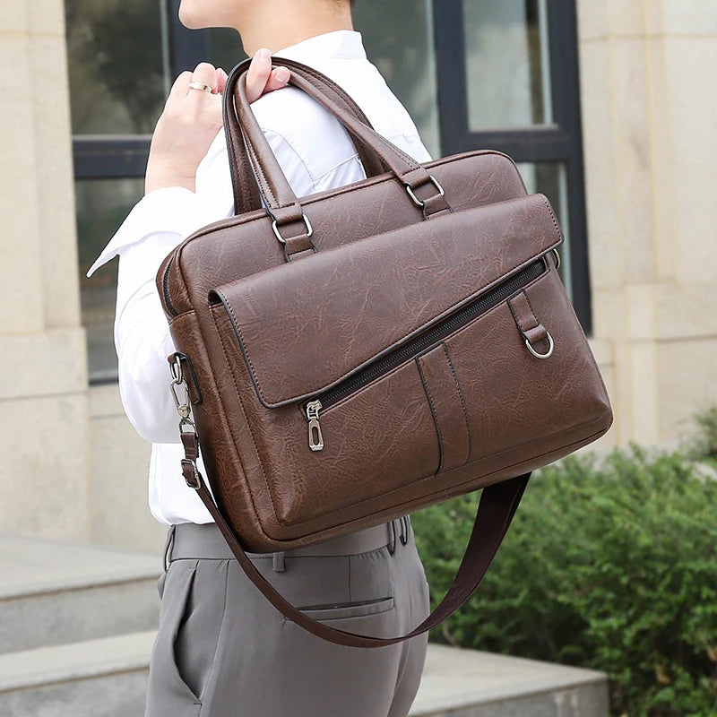 Men's PU Leather Zipper Closure Solid Pattern Elegant Shoulder Bag