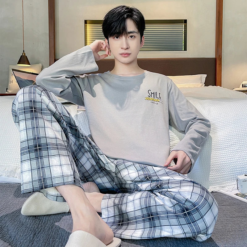 Men's Cotton O-Neck Long Sleeves Trendy Sleepwear Pajamas Set