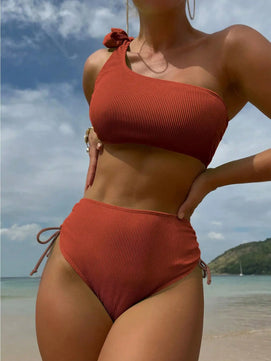 Women's Polyester Mid Waist Swimwear Solid Pattern Bikini Set