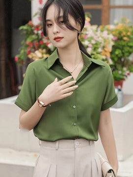 Women's Polyester Turn-Down Collar Short Sleeve Casual Wear Blouse