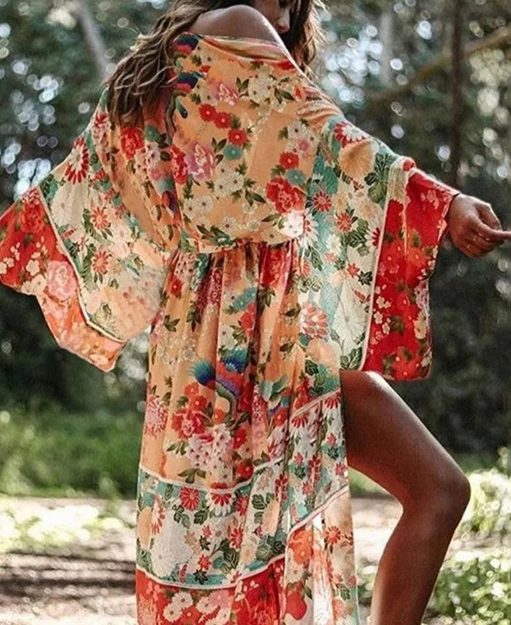 Women's Polyester Long Sleeves Printed Kaftan Beach Cover Up