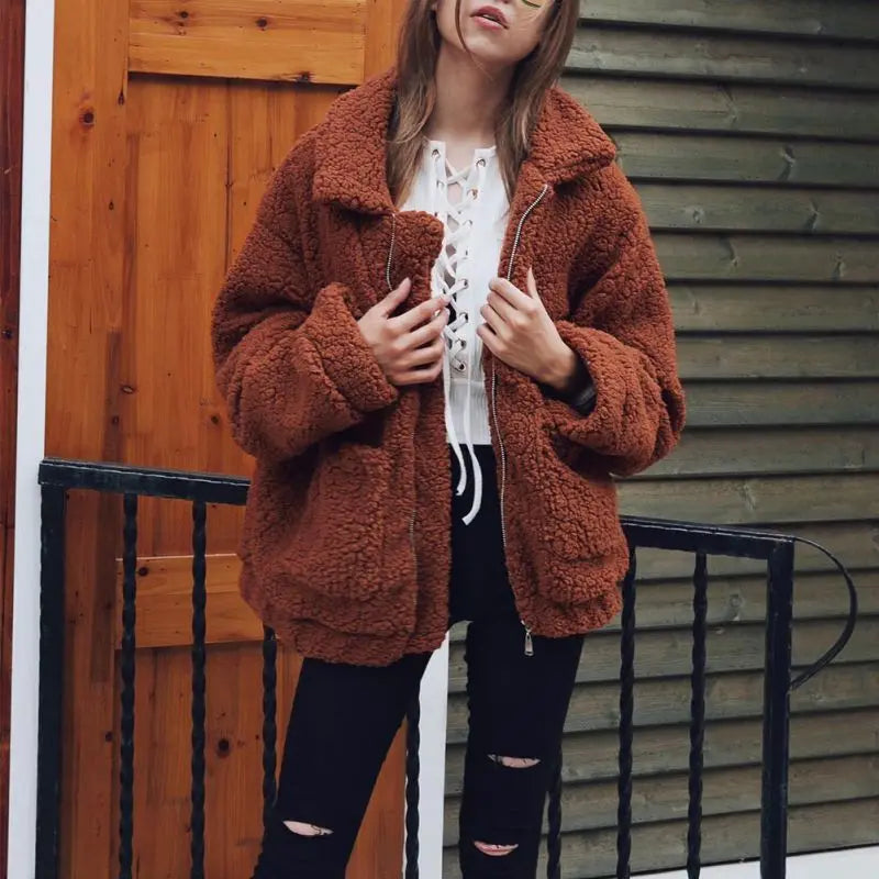 Women's Faux Fur Turn-Down Collar Long Sleeves Solid Jacket