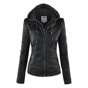 Women's Faux Leather Long Sleeves Solid Pattern Hooded Jacket