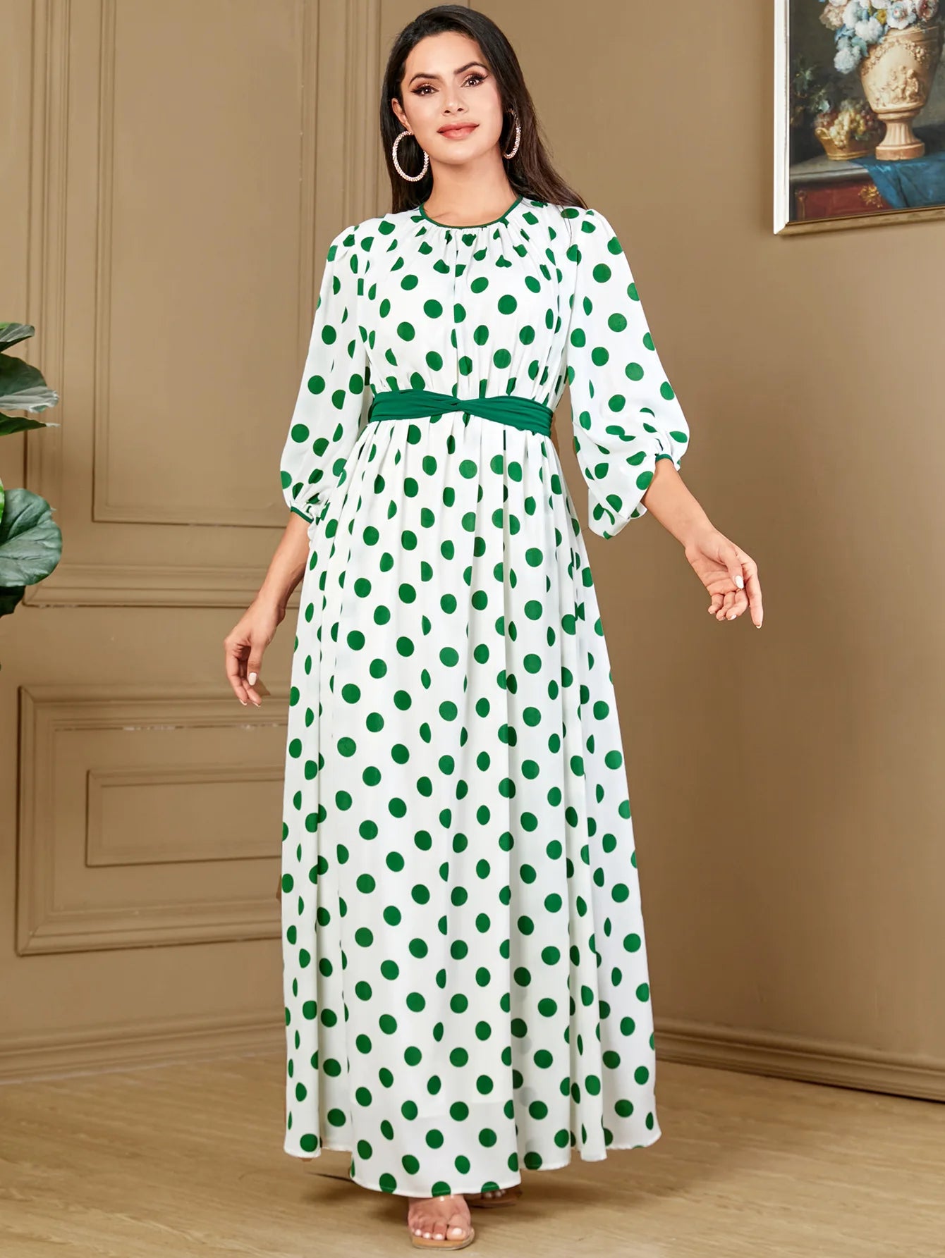 Women's Arabian Polyester Full Sleeves Dotted Pattern Dress