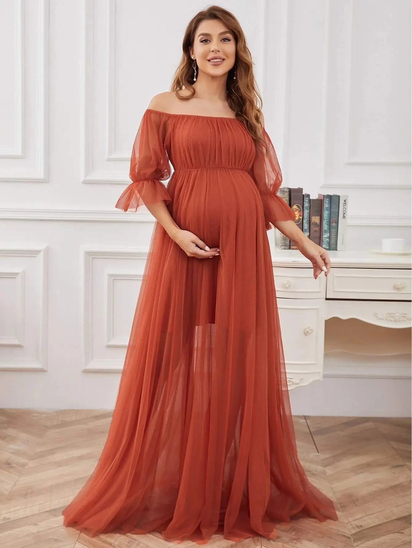 Women's Polyester Square-Neck Short Sleeve Pleated Maternity Dress