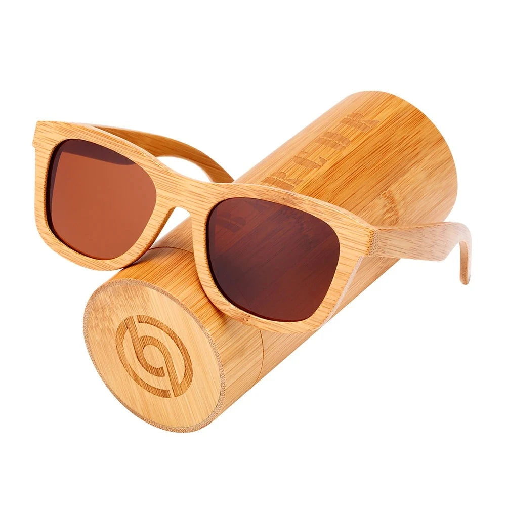 Men's Bamboo Frame Polaroid Lens Square Shaped UV400 Sunglasses