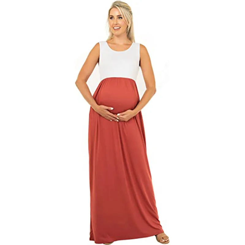 Women's Polyester O-Neck Sleeveless Pleated Maternity Dress