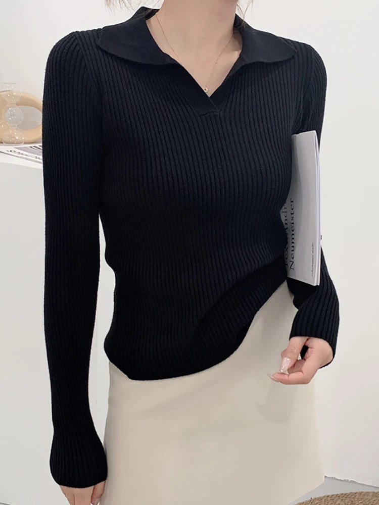 Women's Polyester Turn-Down Collar Long Sleeves Solid Sweater