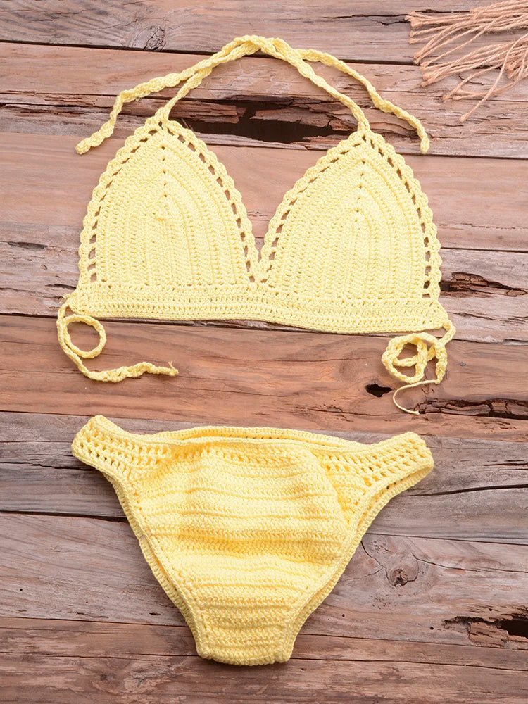 Women's Cotton High Waist Swimwear Knitted Pattern Bikini Set