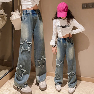 Kid's Cotton Mid Elastic Waist Closure Casual Denim Trousers