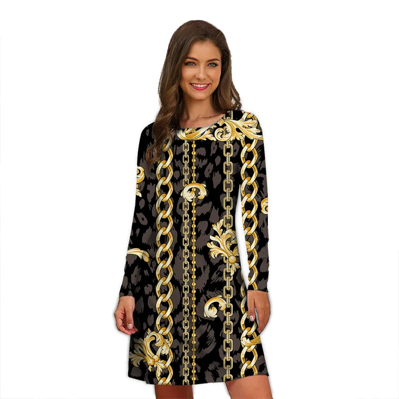 Women's Polyester O-Neck Long Sleeves Mini Casual Vintage Dress