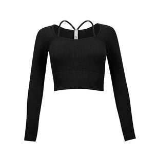 Women's Square-Neck Nylon Long Sleeves Yoga Fitness Sport Tops