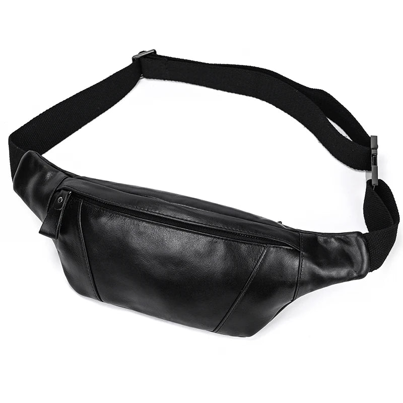 Men's Genuine Leather Solid Pattern Zipper Closure Waist Pack