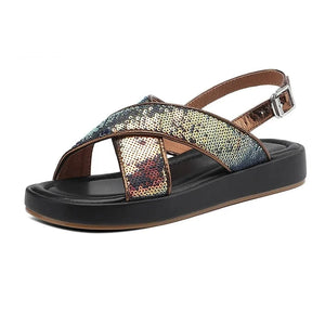 Women's Sequined Peep Toe Buckle Strap Closure Casual Sandals