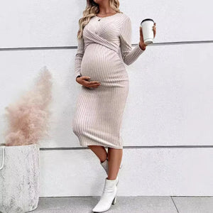 Women's Polyester O-Neck Long Sleeves Striped Maternity Dress