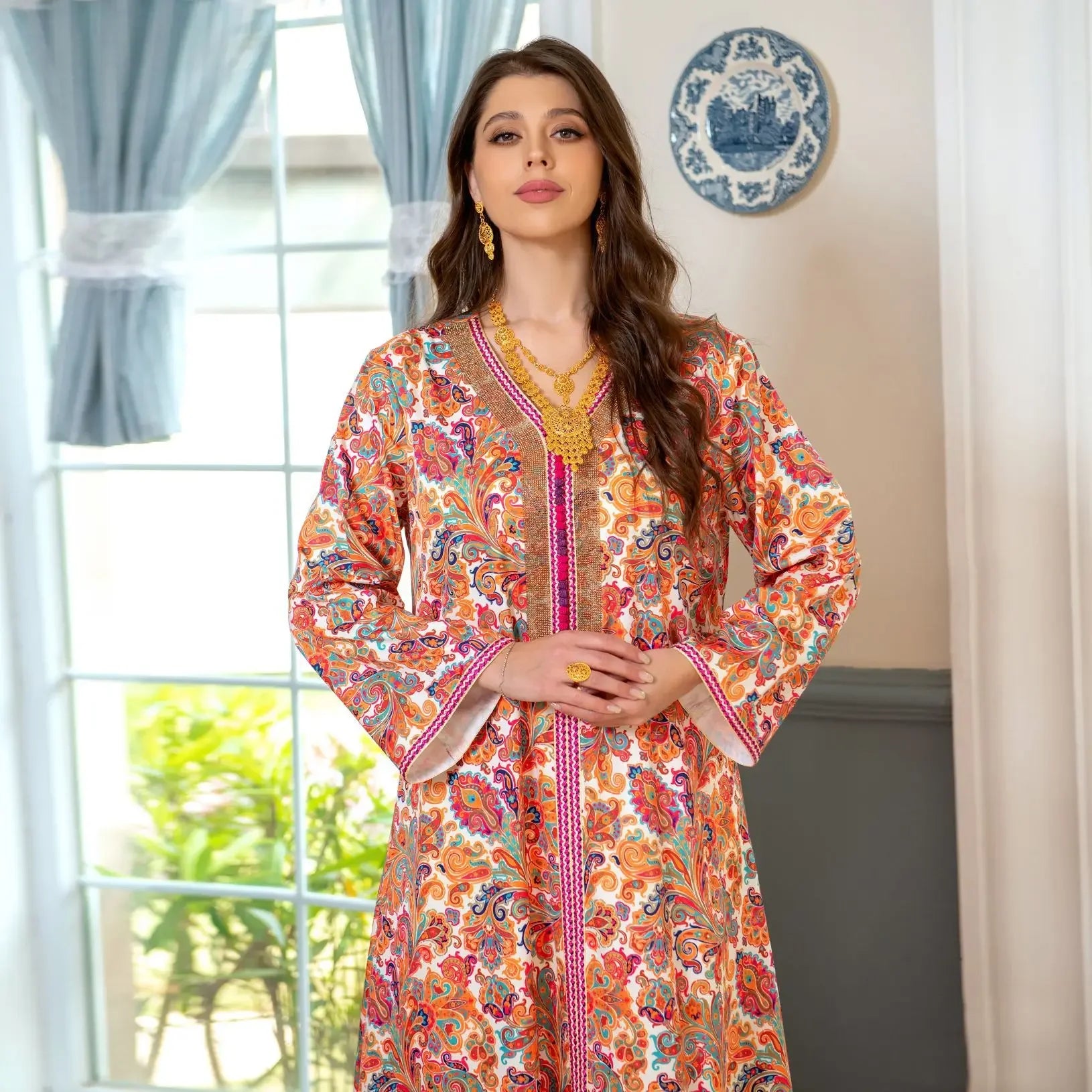 Women's Arabian Polyester Full Sleeve Floral Pattern Casual Dress