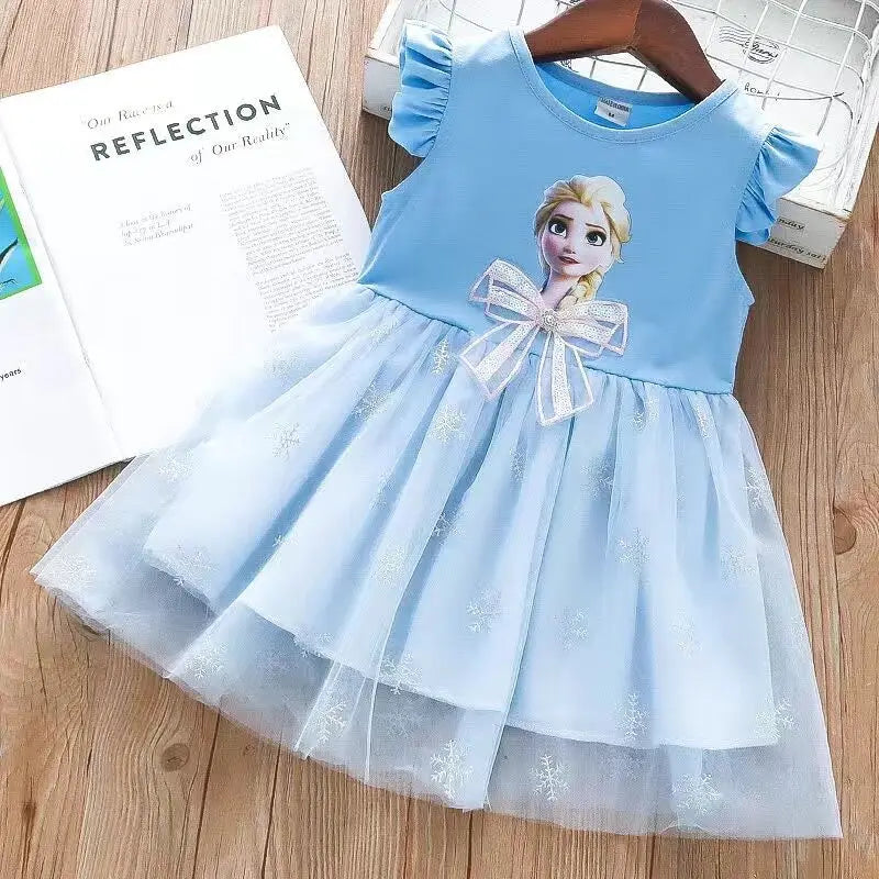 Kid's O-Neck Polyester Short Sleeve Frozen Pattern Princess Dress