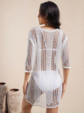 Women's Polyester O-Neck Bathing Mesh Pattern Swimwear Dress