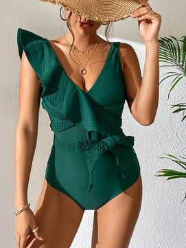 Women's Polyester Ruffle Solid Quick-Dry One-Piece Swimwear