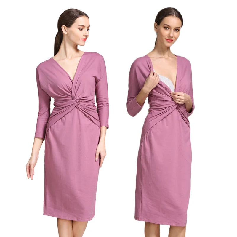 Women's Spandex V-Neck Long Sleeve Solid Pattern Maternity Dress