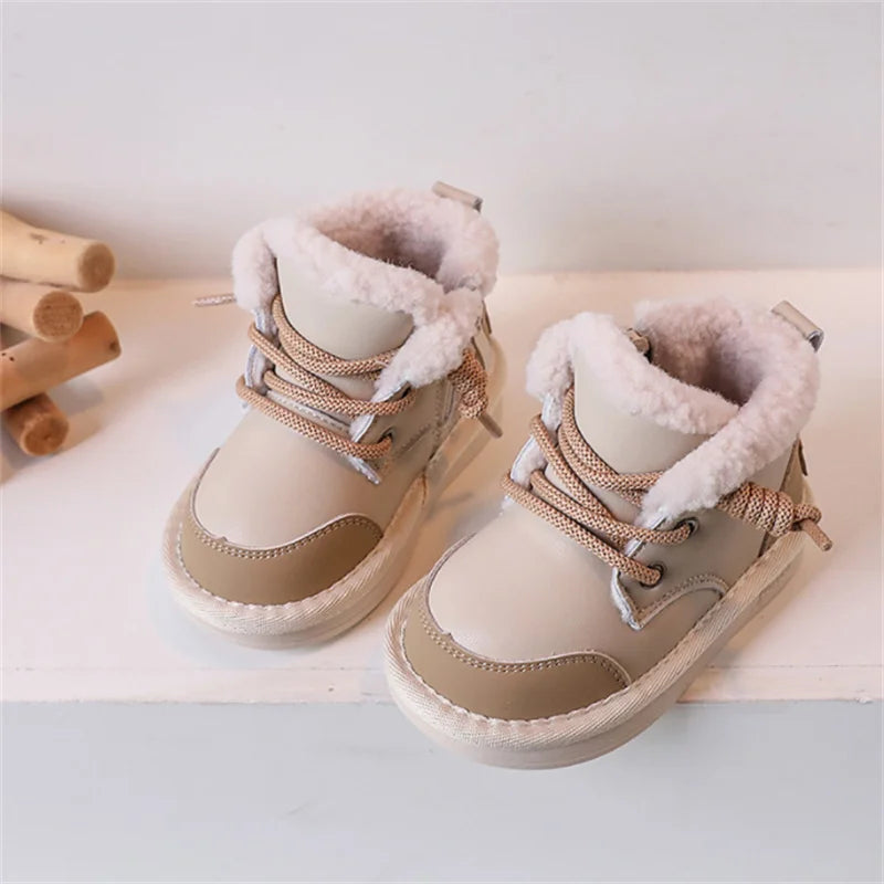 Kid's Leather Round Toe Zip Closure Casual Wear Waterproof Shoes