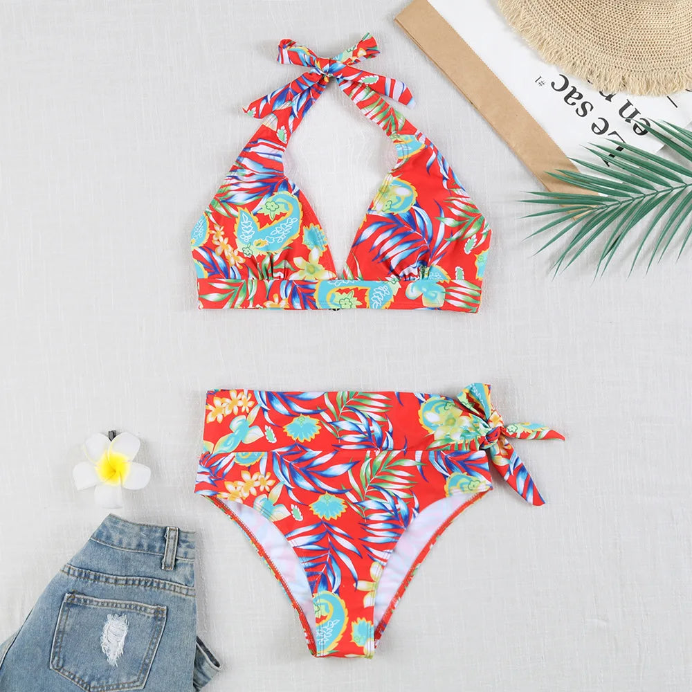 Women's Polyester V-Neck Sleeveless Mid Waist Swimwear Bikini Set