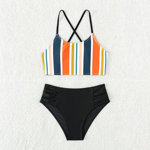 Kid's Polyester O-Neck Striped Pattern Trendy Swimwear Suit