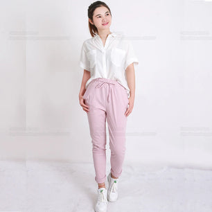 Women's Spandex Elastic High Waist Closure Plain Pattern Trousers