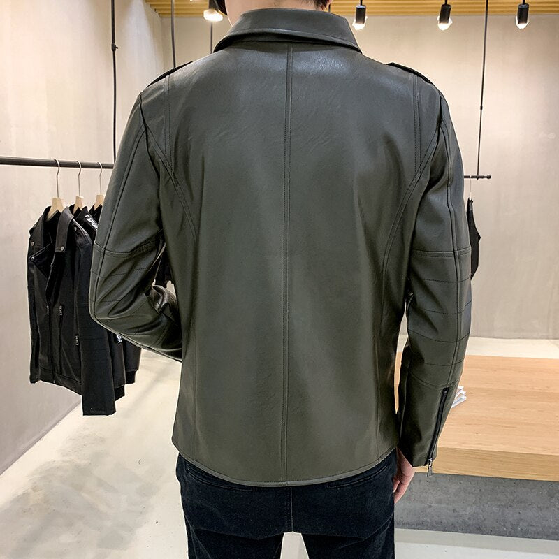 Men's Faux Leather Turn Down Collar Long Sleeve Zipper Jacket