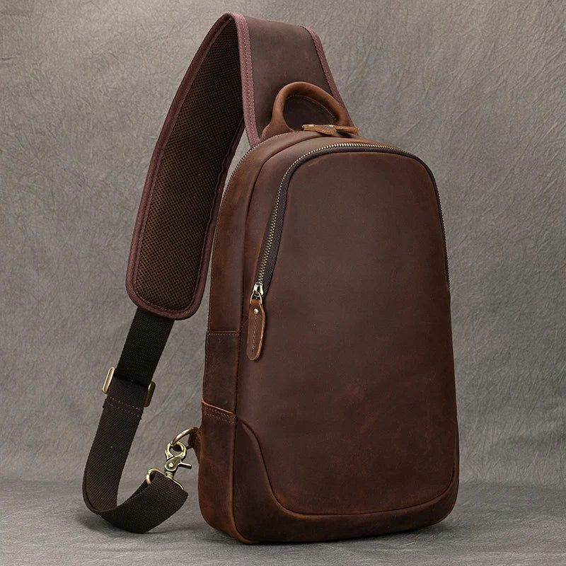 Men's Genuine Leather Zipper Closure Solid Pattern Shoulder Bag