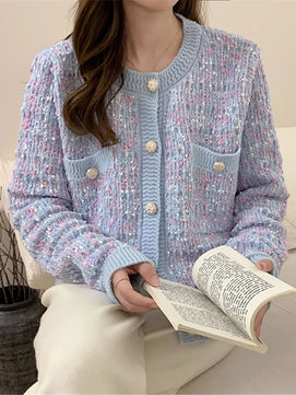 Women's Polyester O-Neck Long Sleeve Patchwork Casual Cardigan