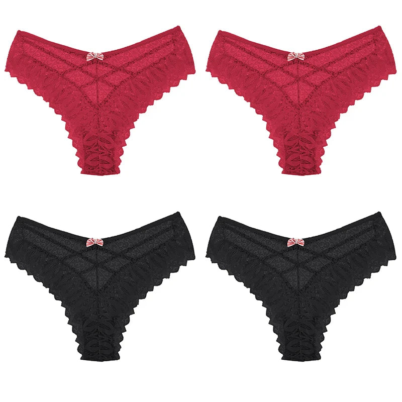 Women's 4 Pcs Spandex Low Waist Breathable Lace Pattern Panties