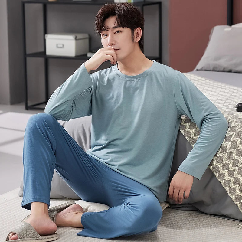 Men's Cotton O-Neck Long Sleeves Trendy Sleepwear Pajamas Set