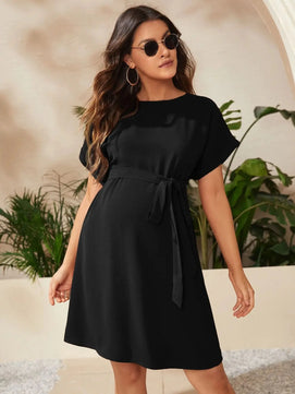 Women's Polyester O-Neck Short Sleeves Solid Maternity Dress