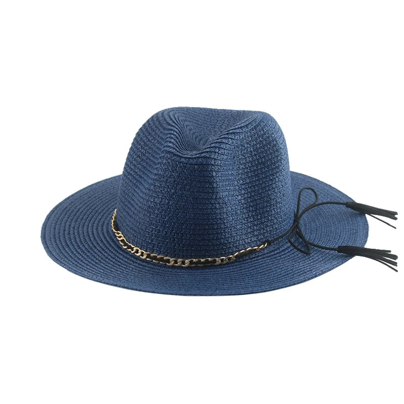 Women's Straw Solid Pattern Trendy Sun Protection Chain Brim Hat