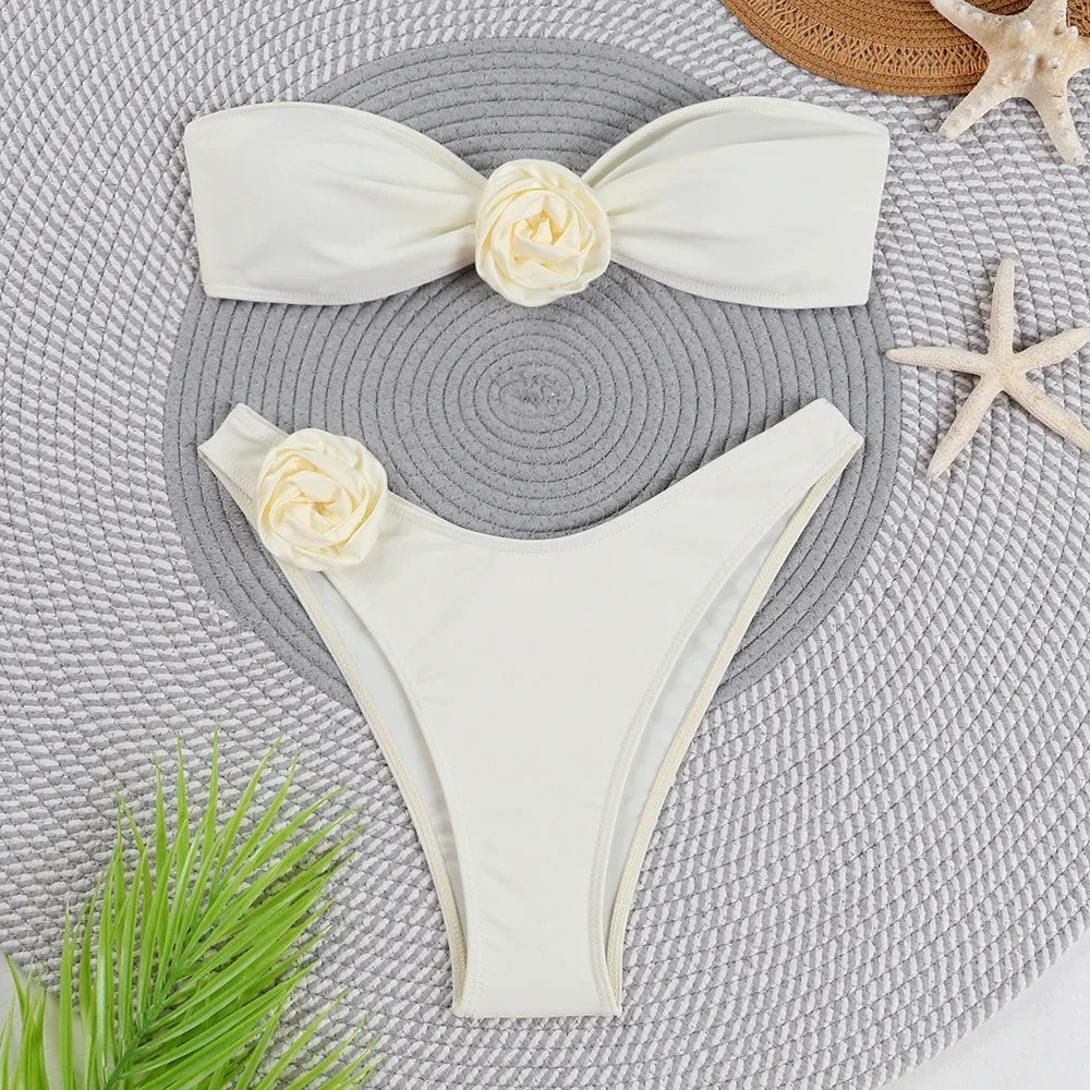 Women's Polyester Mid Waist Swimwear Solid Pattern Bikini Set