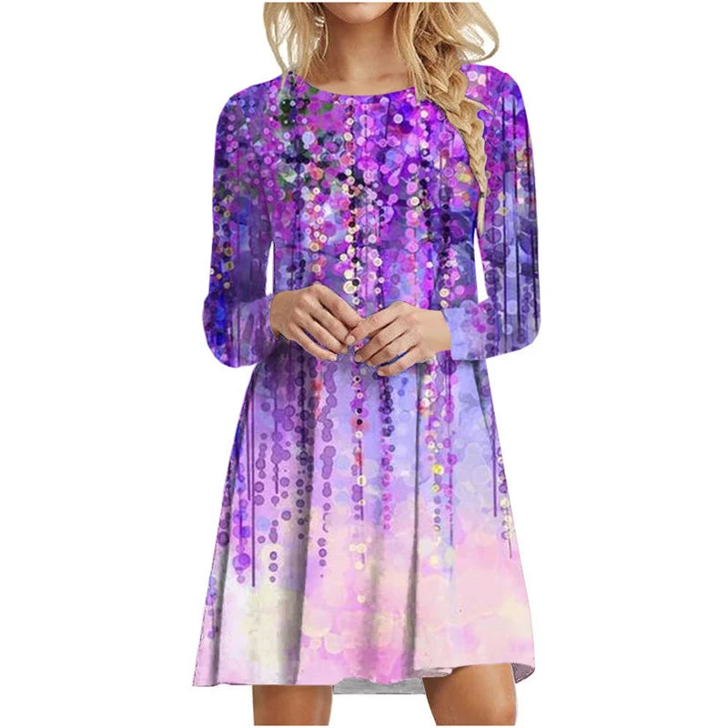 Women's Polyester O-Neck Long Sleeves Mini Casual Printed Dress