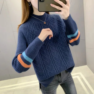 Women's Polyester Mock-Neck Full Sleeves Knitted Pattern Sweater