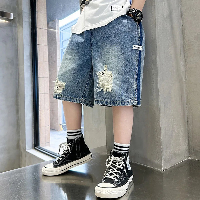 Kid's Cotton Mid Elastic Waist Closure Casual Wear Denim Shorts